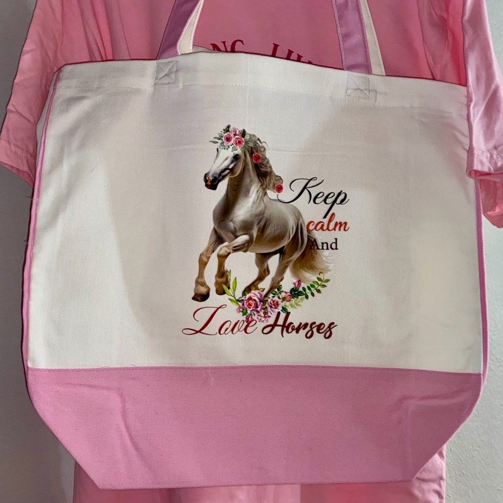 Keep Calm and Love Horses Pink Canvas Tote Bag
